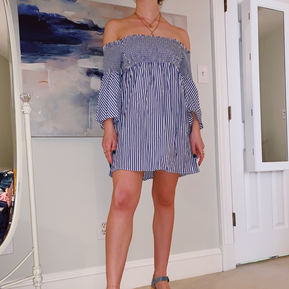 Zara Blue and White Striped Off The Shoulder Dress